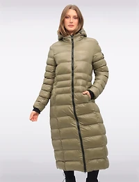 Long Straight Cut Vegan Lightweight Quilted Coat with Attached Hood by Oxygen