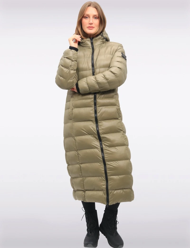 Long Straight Cut Vegan Lightweight Quilted Coat with Attached Hood by Oxygen