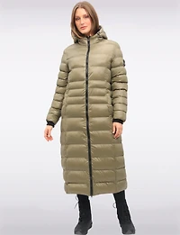 Long Straight Cut Vegan Lightweight Quilted Coat with Attached Hood by Oxygen