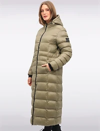 Long Straight Cut Vegan Lightweight Quilted Coat with Attached Hood by Oxygen