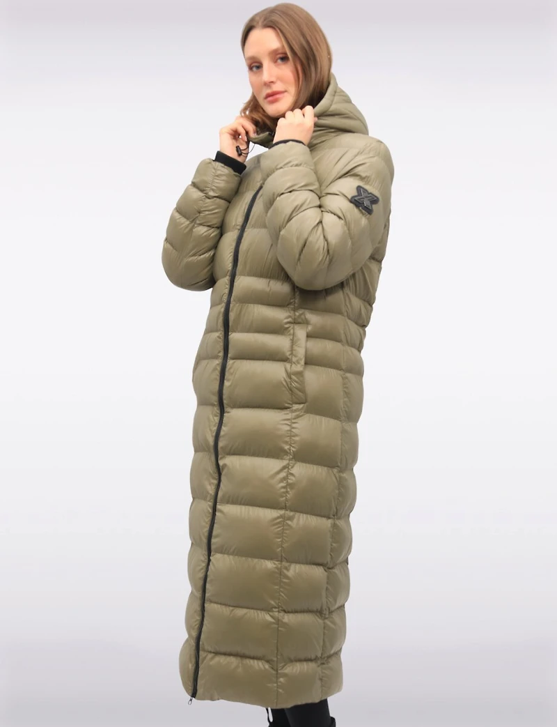 Long Straight Cut Vegan Lightweight Quilted Coat with Attached Hood by Oxygen