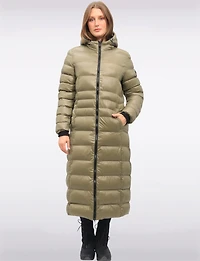 Long Straight Cut Vegan Lightweight Quilted Coat with Attached Hood by Oxygen