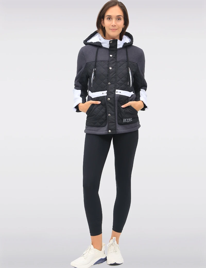 Vegan Hooded Quilted Knit Jacket with Fleece Lining & Chest Pockets by Oxygen