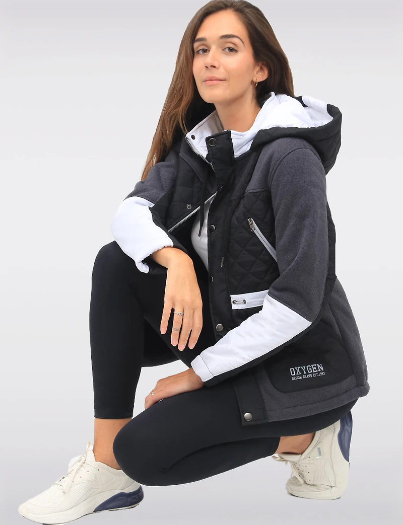 Vegan Hooded Quilted Knit Jacket with Fleece Lining & Chest Pockets by Oxygen