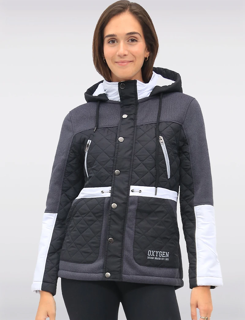Vegan Hooded Quilted Knit Jacket with Fleece Lining & Chest Pockets by Oxygen