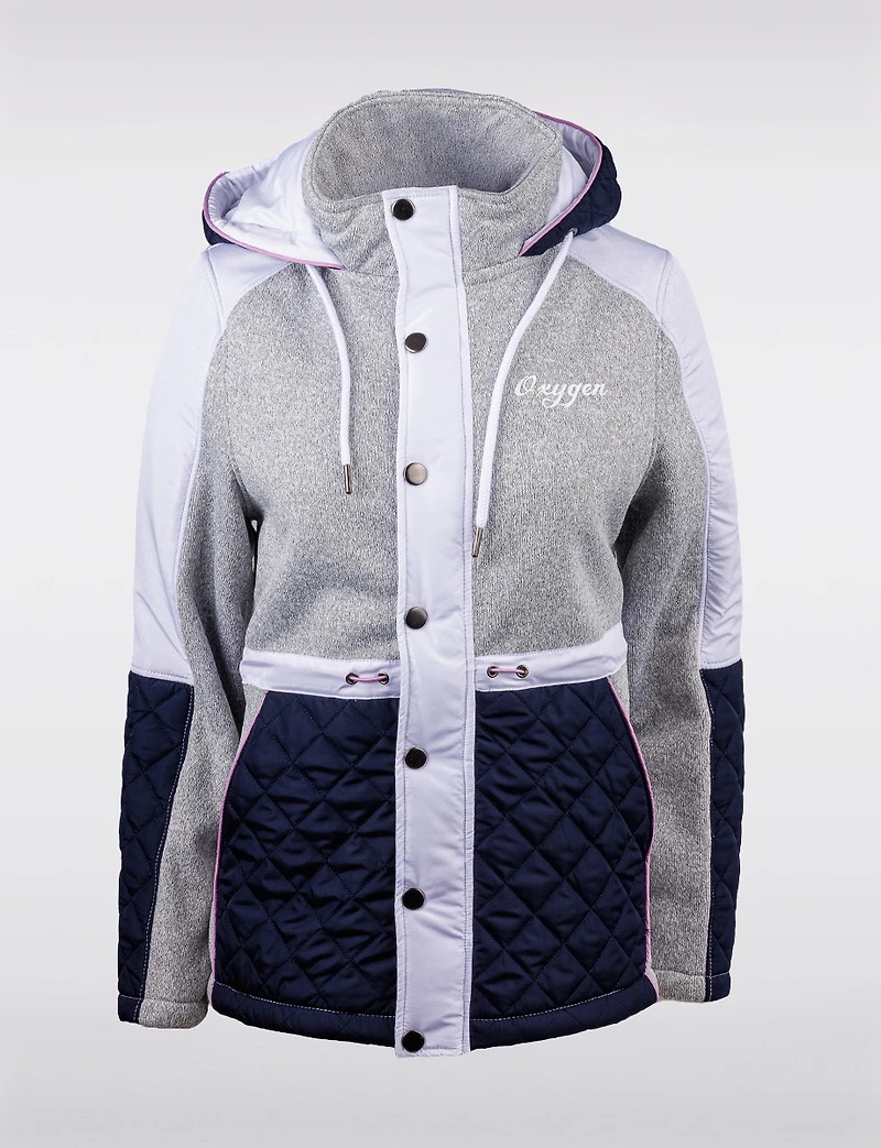 Vegan Hooded Colorblock Quilted Knit Jacket with Fleece Lining by Oxygen