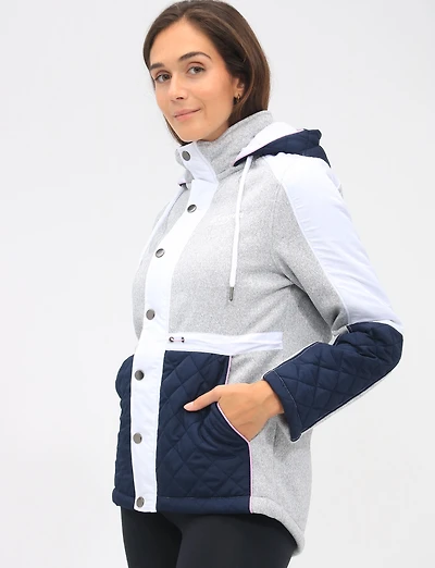 Vegan Hooded Colorblock Quilted Knit Jacket with Fleece Lining by Oxygen