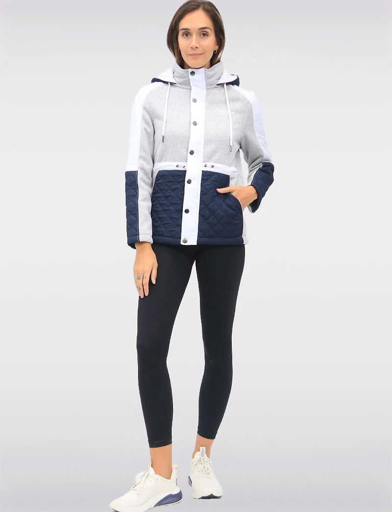 Vegan Hooded Colorblock Quilted Knit Jacket with Fleece Lining by Oxygen