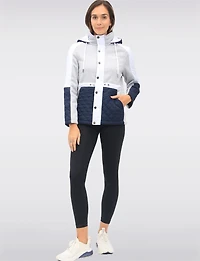 Vegan Hooded Colorblock Quilted Knit Jacket with Fleece Lining by Oxygen