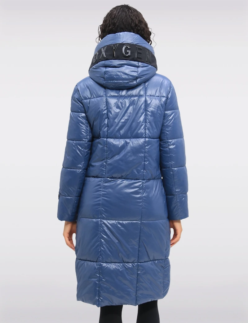 Ultra-warm Vegan Glossy Long Puffer Coat with Detachable Hood by Oxygen