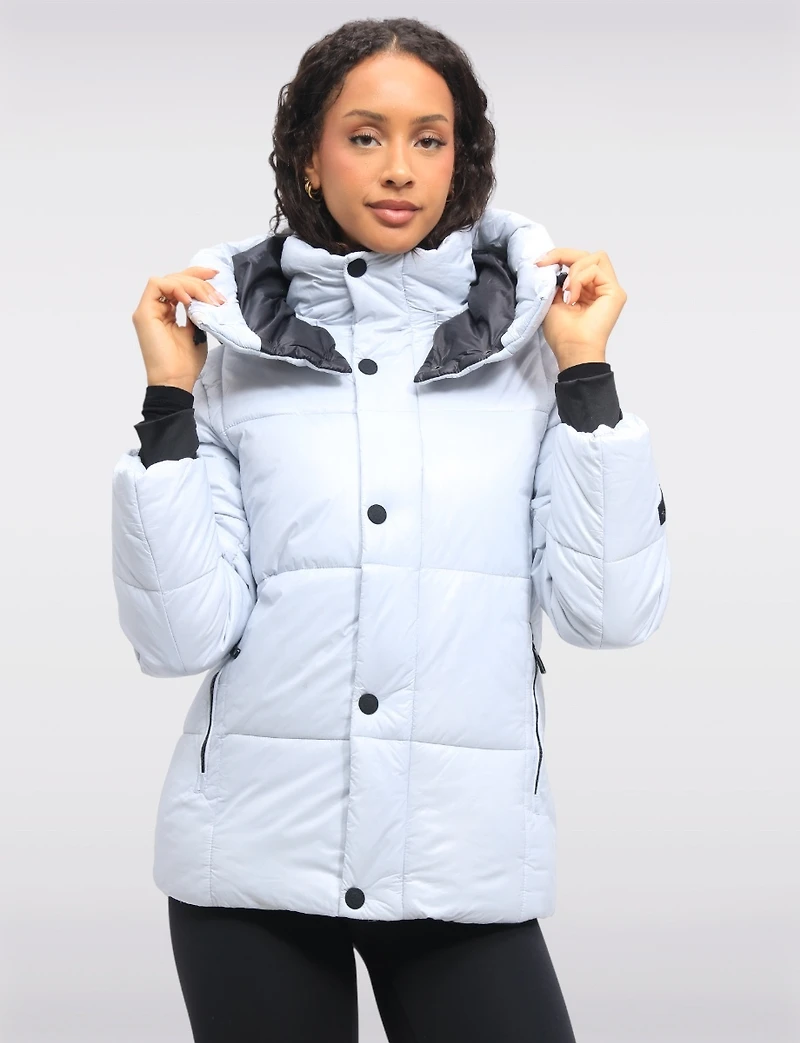 Trendy Icy Blue Vegan Cropped Puffer Jacket with Detachable Hood by Oxygen