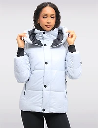 Trendy Icy Blue Vegan Cropped Puffer Jacket with Detachable Hood by Oxygen