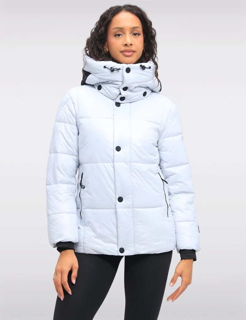 Trendy Icy Blue Vegan Cropped Puffer Jacket with Detachable Hood by Oxygen