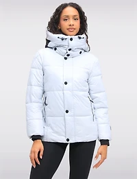 Trendy Icy Blue Vegan Cropped Puffer Jacket with Detachable Hood by Oxygen