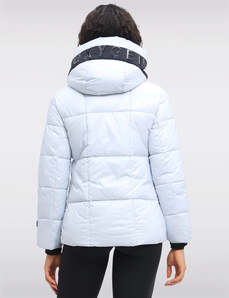 Trendy Icy Blue Vegan Cropped Puffer Jacket with Detachable Hood by Oxygen