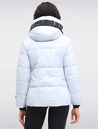 Trendy Icy Blue Vegan Cropped Puffer Jacket with Detachable Hood by Oxygen