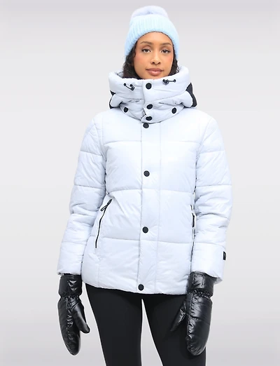 Trendy Icy Blue Vegan Cropped Puffer Jacket with Detachable Hood by Oxygen