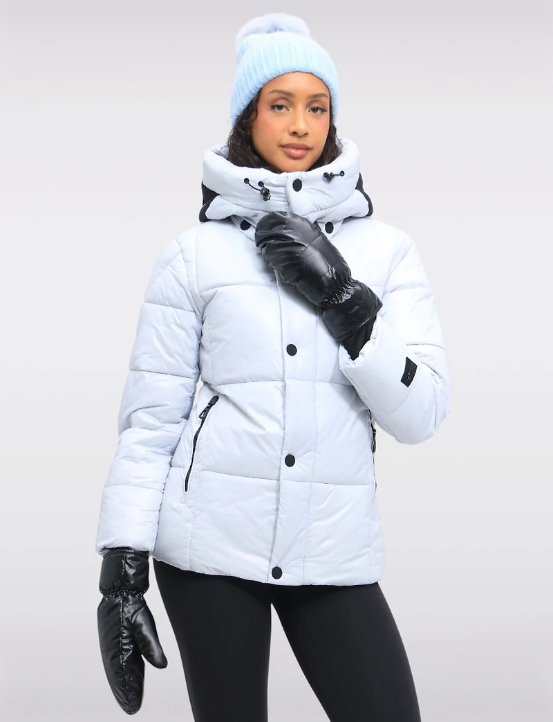 Trendy Icy Blue Vegan Cropped Puffer Jacket with Detachable Hood by Oxygen