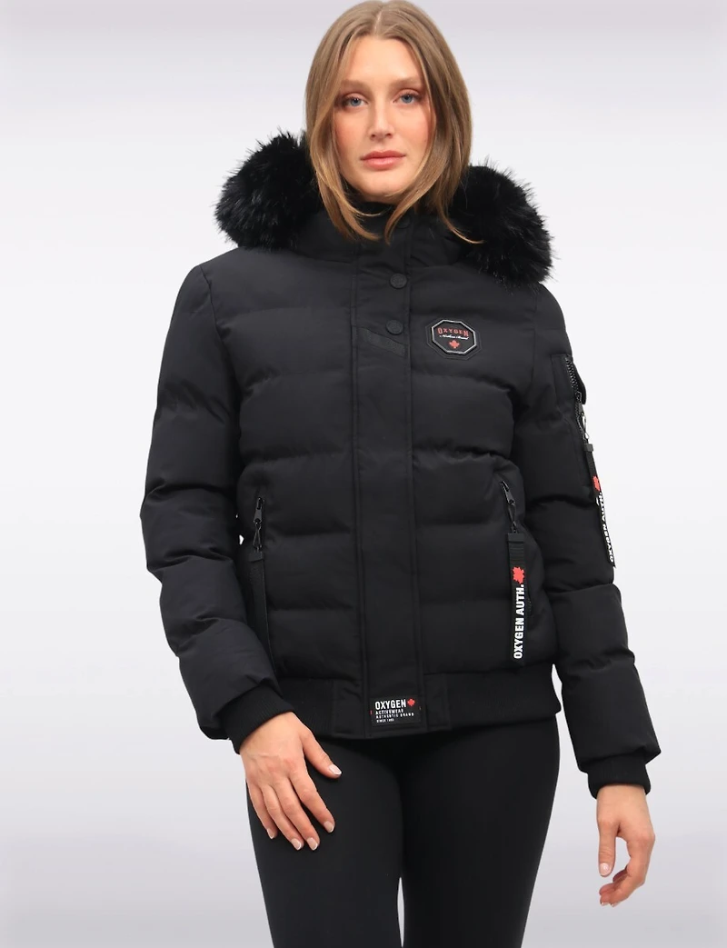 Vegan Bomber Jacket with Detachable Faux Fur Hood by Oxygen