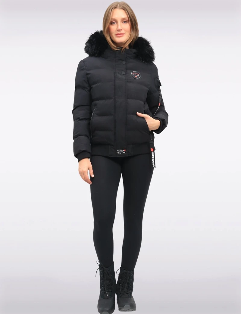 Vegan Bomber Jacket with Detachable Faux Fur Hood by Oxygen