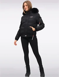 Vegan Bomber Jacket with Detachable Faux Fur Hood by Oxygen