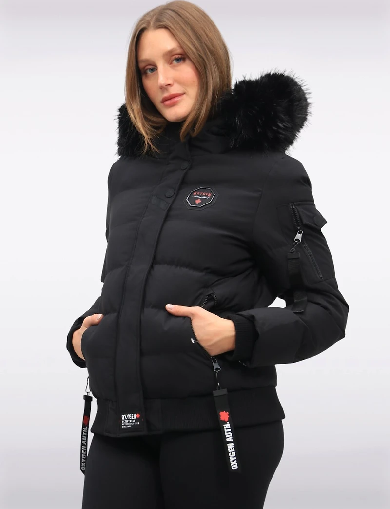 Vegan Bomber Jacket with Detachable Faux Fur Hood by Oxygen