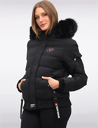 Vegan Bomber Jacket with Detachable Faux Fur Hood by Oxygen