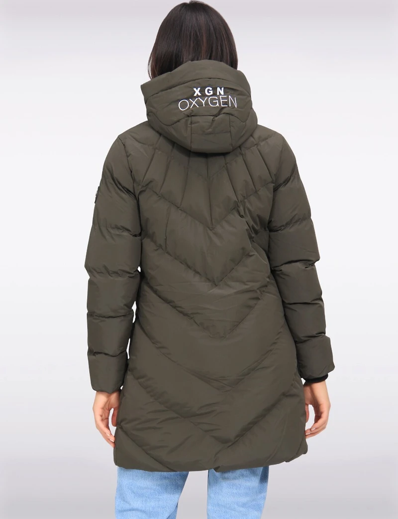 Vegan Weather-Resistan Quilted Hooded Eco-Down Mid-Length Puffer Coat by Oxygen