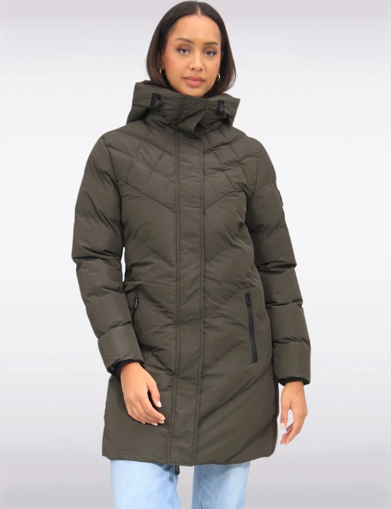Vegan Weather-Resistan Quilted Hooded Eco-Down Mid-Length Puffer Coat by Oxygen