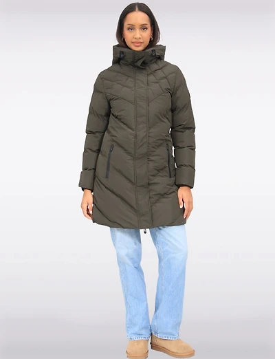 Vegan Weather-Resistan Quilted Hooded Eco-Down Mid-Length Puffer Coat by Oxygen