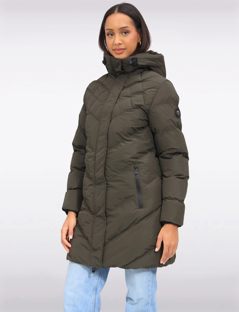 Vegan Weather-Resistan Quilted Hooded Eco-Down Mid-Length Puffer Coat by Oxygen