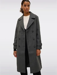 Classic Long Double-Breasted Belted Vegan Trench Coat & Back Slit by Vero Moda