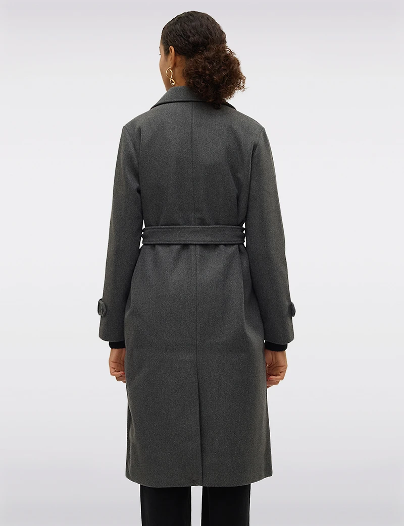 Classic Long Double-Breasted Belted Vegan Trench Coat & Back Slit by Vero Moda