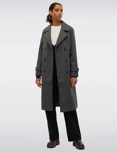Classic Long Double-Breasted Belted Vegan Trench Coat & Back Slit by Vero Moda