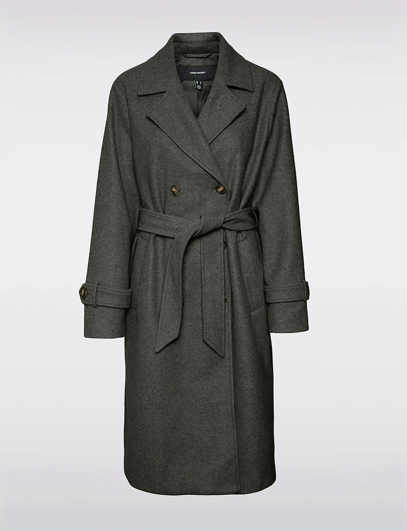 Classic Long Double-Breasted Belted Vegan Trench Coat & Back Slit by Vero Moda