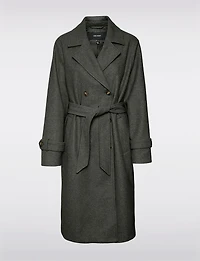 Classic Long Double-Breasted Belted Vegan Trench Coat & Back Slit by Vero Moda