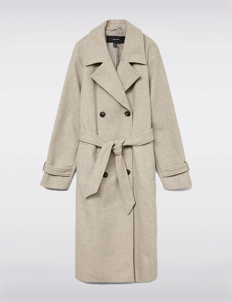 Long Double-Breasted Trench Coat with Removable Belt and Back Slit by Vero Moda