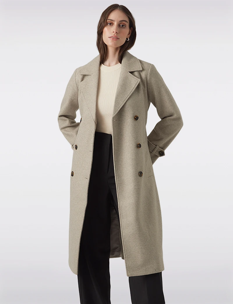 Long Double-Breasted Trench Coat with Removable Belt and Back Slit by Vero Moda