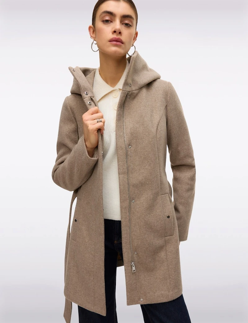 Elegant Slim Fit Mid-thigh Belted High Collar Hooded Trench Coat by Vero Moda