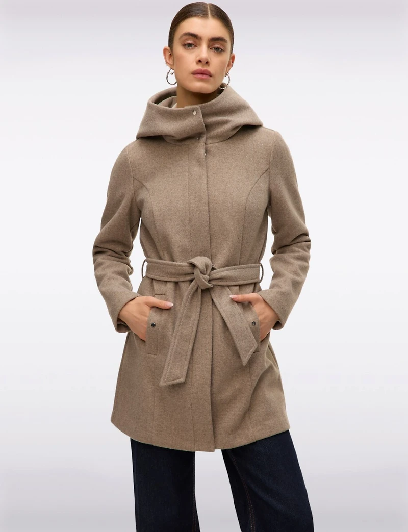 Elegant Slim Fit Mid-thigh Belted High Collar Hooded Trench Coat by Vero Moda