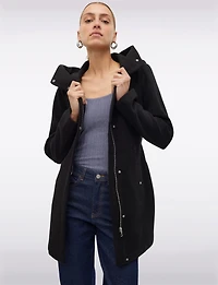 Elegant Slim Fit Mid-thigh Belted High Collar Hooded Trench Coat by Vero Moda
