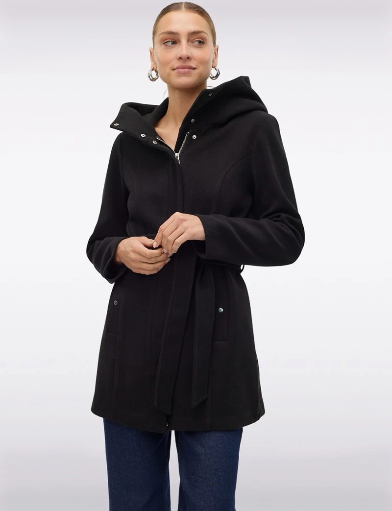 Elegant Slim Fit Mid-thigh Belted High Collar Hooded Trench Coat by Vero Moda
