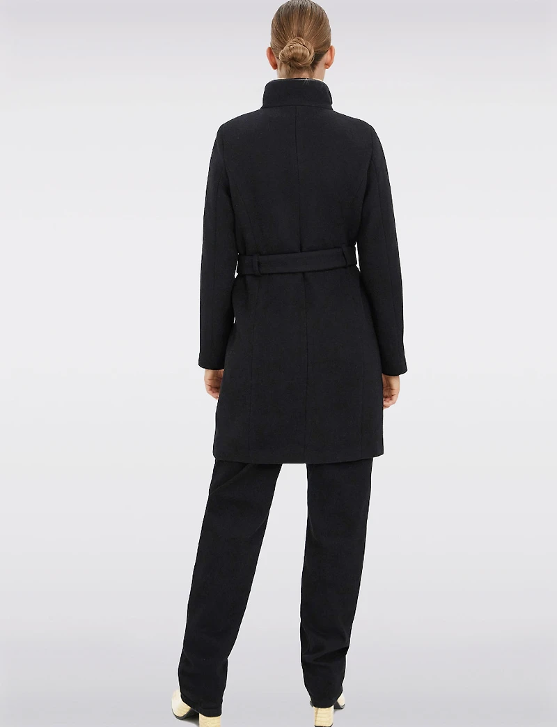 Zip-Front Recycled Wool-Blend Coat with Removable Belt & Black Trim by Vero Moda