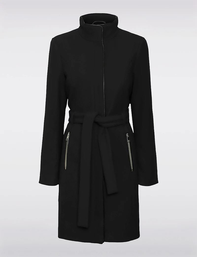 Zip-Front Recycled Wool-Blend Coat with Removable Belt & Black Trim by Vero Moda