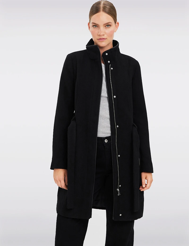 Zip-Front Recycled Wool-Blend Coat with Removable Belt & Black Trim by Vero Moda