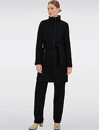 Zip-Front Recycled Wool-Blend Coat with Removable Belt & Black Trim by Vero Moda