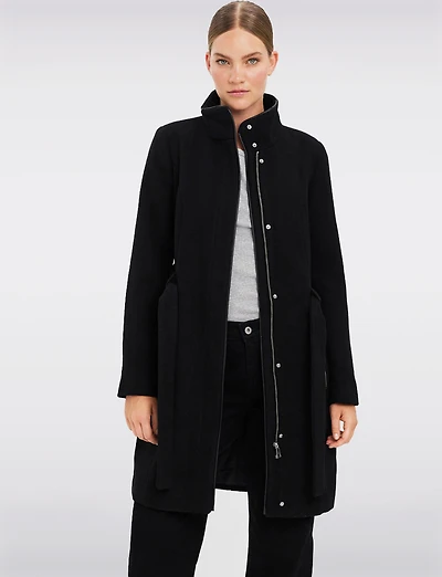 Zip-Front Recycled Wool-Blend Coat with Removable Belt & Black Trim by Vero Moda
