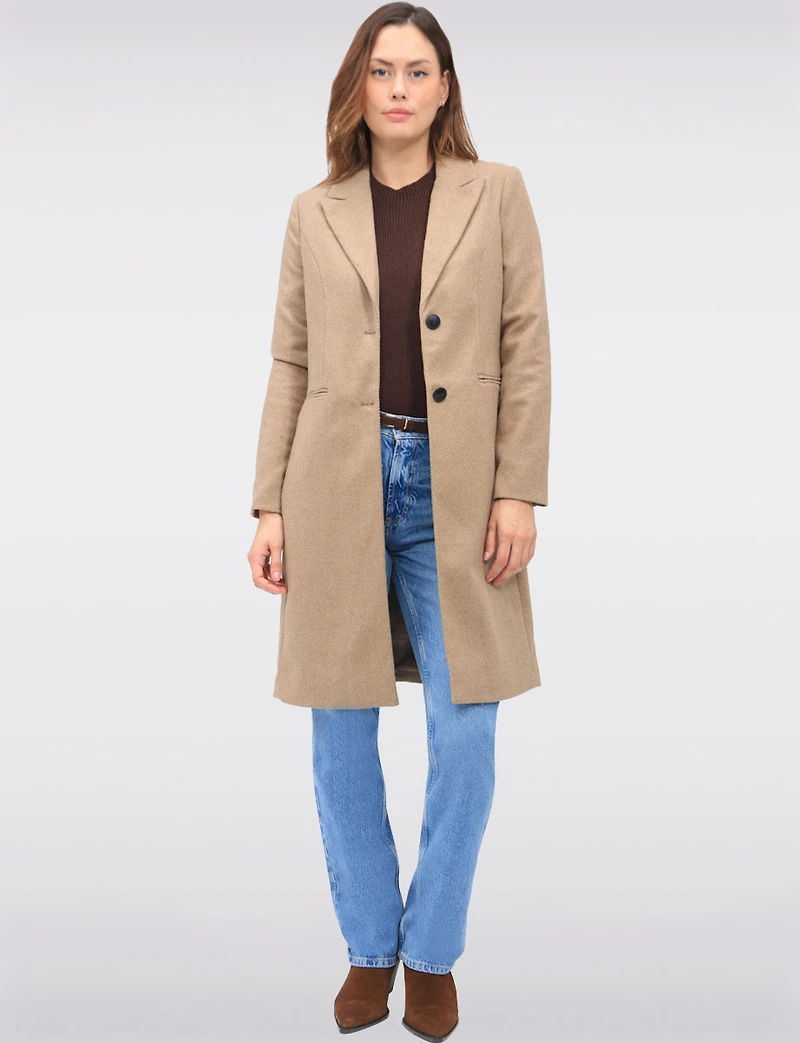 Recycled Knee Length Wool-Blend Single-Breasted Herringbone Overcoat by VeroModa