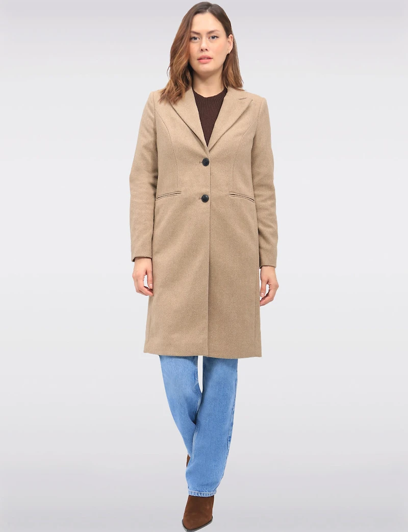 Recycled Knee Length Wool-Blend Single-Breasted Herringbone Overcoat by VeroModa