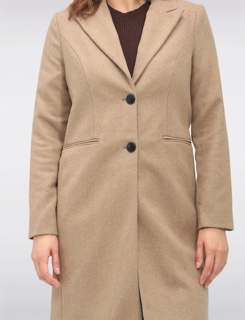 Recycled Knee Length Wool-Blend Single-Breasted Herringbone Overcoat by VeroModa